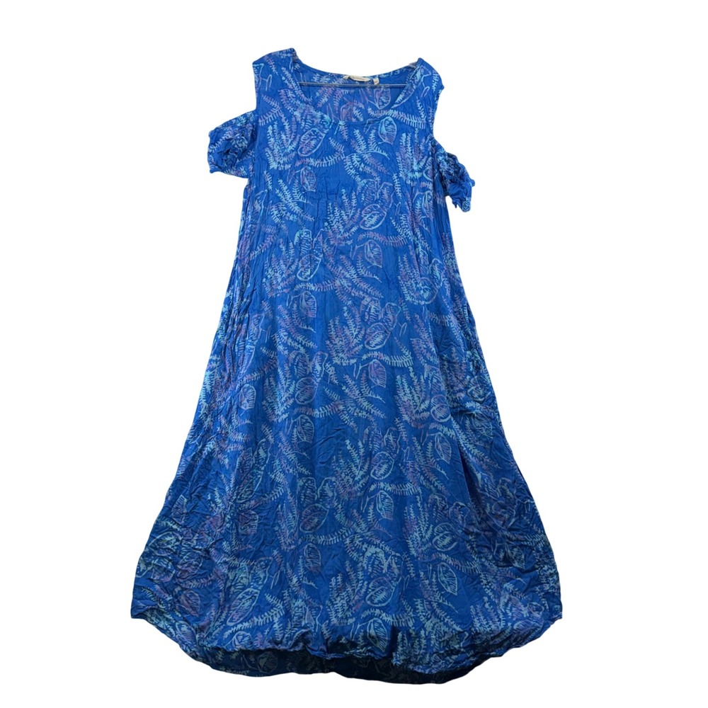 Soft Surroundings Midi Dress Womens XL Blue Batik Cold Shoulder Bubble Hem 2CL19 - Picture 2 of 8